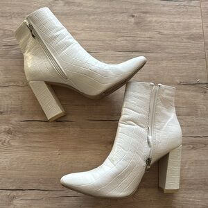White Croc-Embossed Ankle Boots
